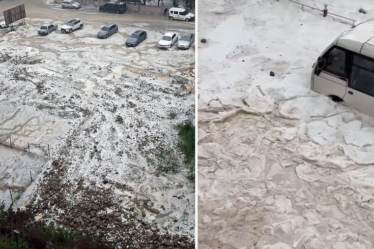 Adana'da sağanak ve dolu yağışı; cadde ve sokaklar beyaza büründü