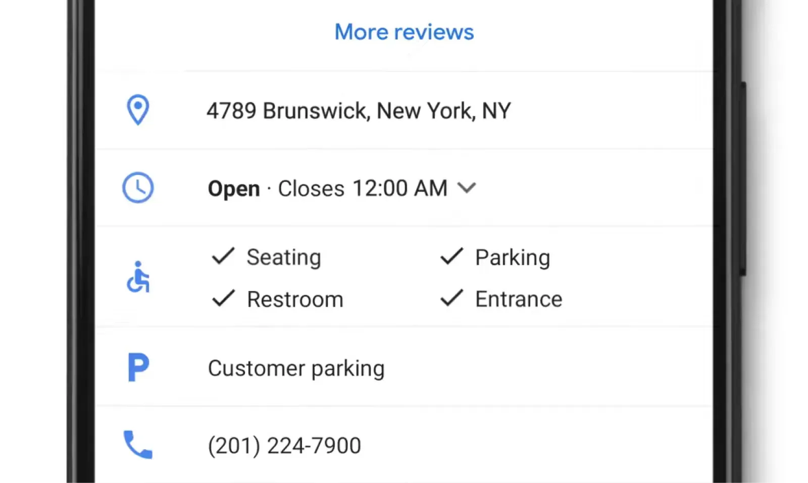 Google Maps Business Profile UI showing that a business has an accessible entrance, seating, parking, and restroom