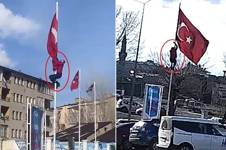 Rüzgarda dolanan bayrağı düzeltmek için 15 metrelik direğe tırmandı